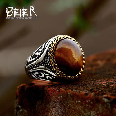 Beier Stainless Steel Tiger Eye Stone Ring - Fashionable Design