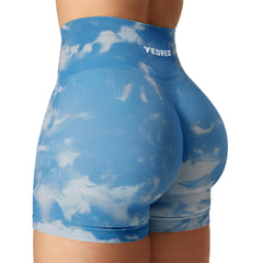 YEOREO Seamless Tie-Dye Workout Shorts 3.6" Blue